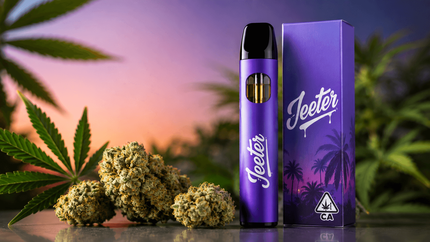 Jeeter Juice cannabis vape and packaging displayed with cannabis buds and leaves against a colorful sunset background.