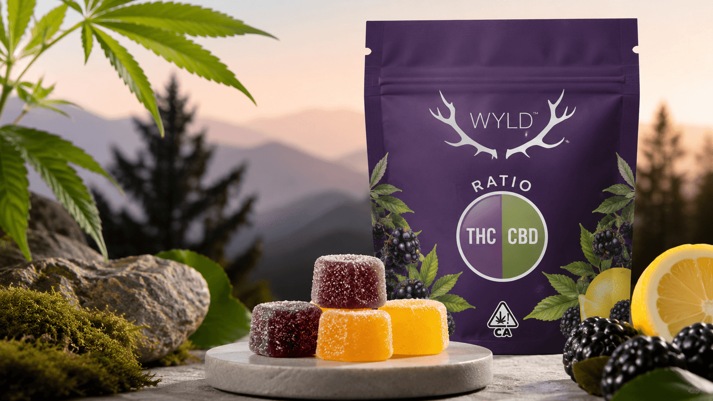 Wyld Ratio Gummies with THC and CBD, featuring purple and yellow gummies, blackberries, lemon, and cannabis leaves.