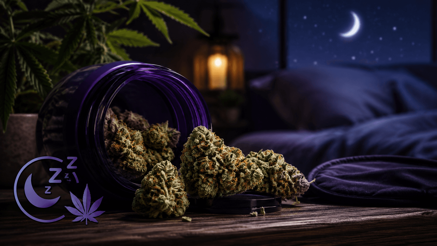 Cannabis indica strains arranged on a bedside table in a cozy nighttime setting, with a moonlit bedroom in the background.