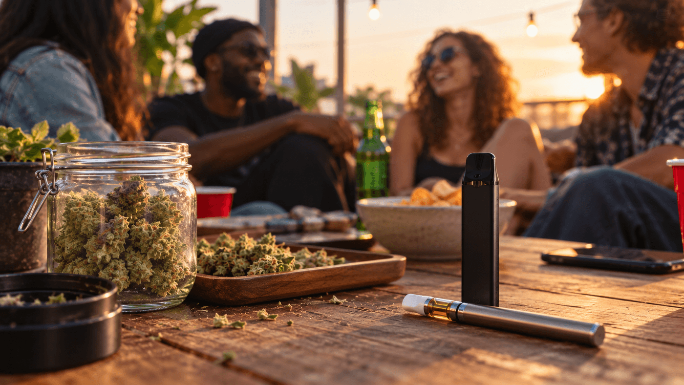 Cannabis flower and vape devices on a table at a relaxed outdoor social gathering.