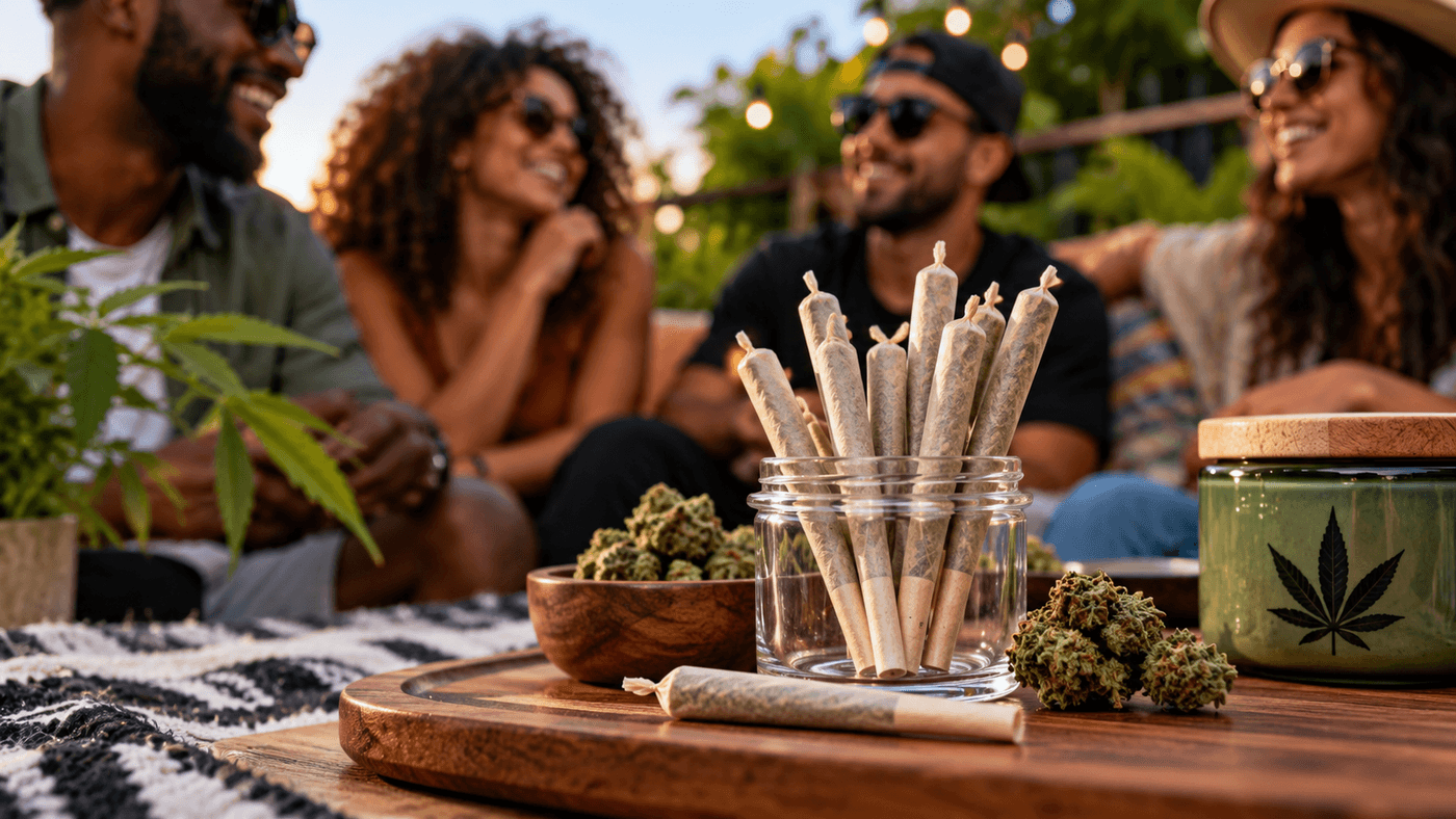Cannabis prerolls arranged on a table during a relaxed group session with friends in the background.