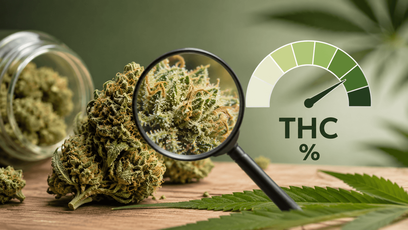 Close-up of cannabis flower under a magnifying glass beside a THC percentage potency gauge, illustrating how THC levels are measured.