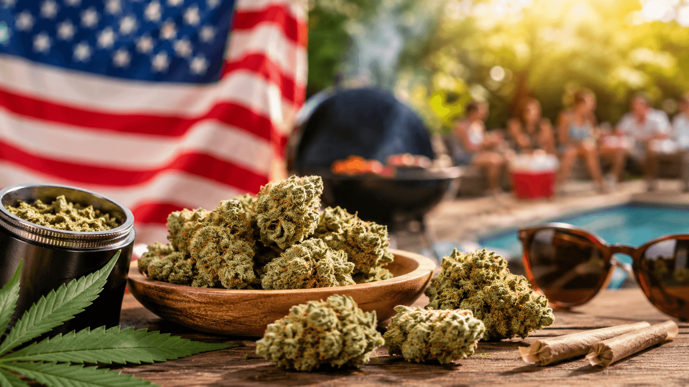 Labor Day weekend cannabis strain guide featuring cannabis buds, a grinder, and pre-rolls at a sunny outdoor gathering with an American flag.