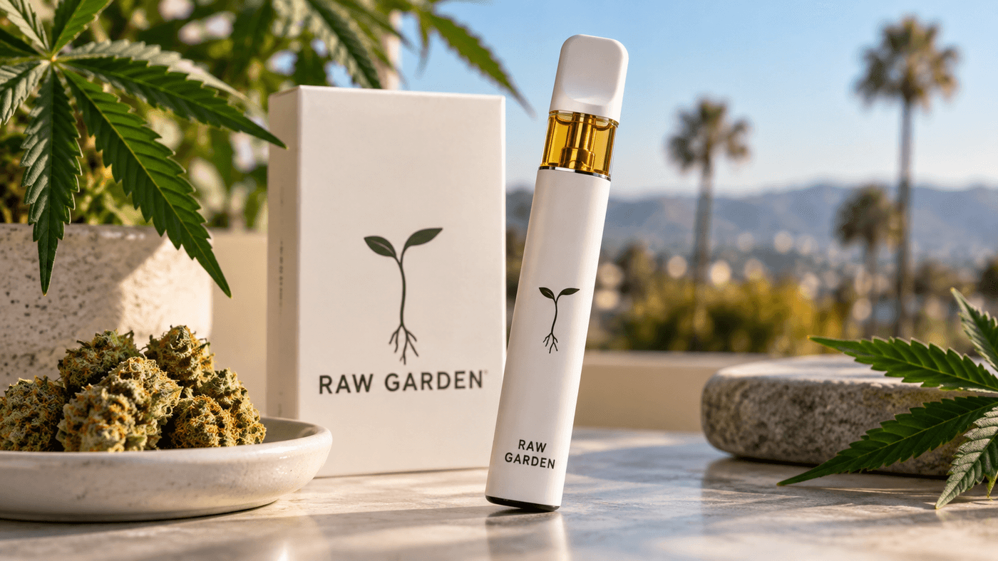 Raw Garden disposable vape displayed beside its packaging, cannabis flower, and leaves in a sunny outdoor setting.