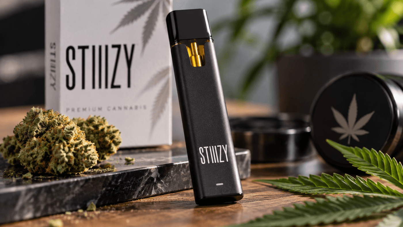 STIIIZY all-in-one vape device with cannabis flower and accessories on a tabletop.