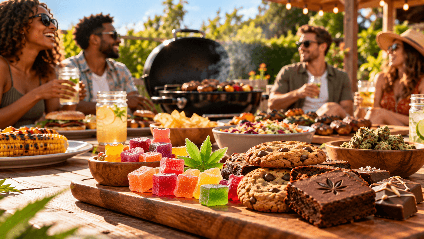 Cannabis edibles including gummies, brownies, cookies, and chocolates served at a backyard BBQ gathering with friends and grilled food.